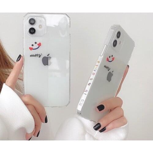 Funda de teléfono con diseño lateral para iPhone, carcasa bonita de TPU suave y transparente con cara sonriente de dibujos anima