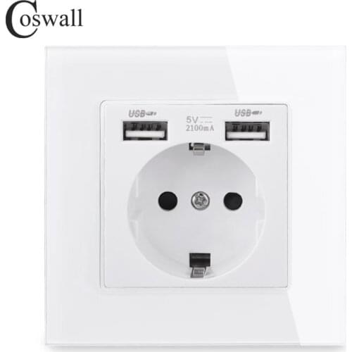 COSWALL Russia Spain EU Standard Wall Socket USB Charge Port Crystal Glass Panel Black White Grey C1 Series Full Range