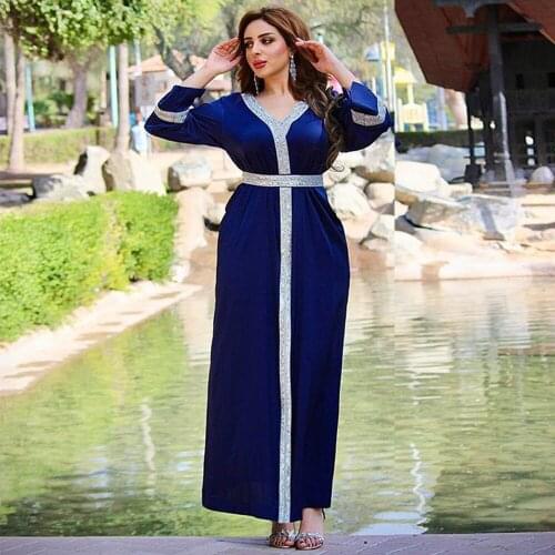 Women Muslim Maxi Dress 2020 Autumn India Folk Diamond V Neck Turkey Arabic Ethnic Loose Dress Muslim Islamic Robe