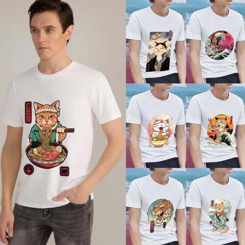 Summer Man T-shirt Japanese Feature Cartoon Cat Pattern Series O-neck Mens Short Sleeve Tops S-XXXXXL White Classic Male Tees