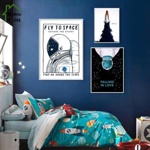 Nordic Cortoon Nursery Canvas Painting Dog and Lion Astronaut Creative Wall Poster and Print Technology Picture for Boy Bedroom