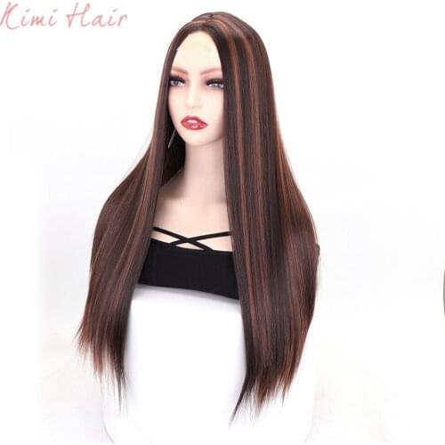 Kimi Hair Long Straight Mixed Brown Synthetic Hair Wigs for Women Natural Black Middle Part Heat Resistant Fibe Lace Wig