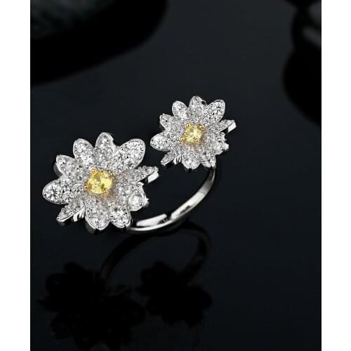 Trendy 925 Sterling Silver Pave Carbon Diamond Daisy Flower Opened Rings for Women Original Design S925 Jewelry Daisy Ring Gift