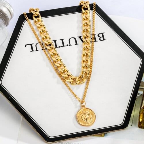 Fashion Vintage Multi-layer Portrait Necklaces For Women Gold Metal Geometric Hanging Necklaces 2021 Trend Female Party Jewelry