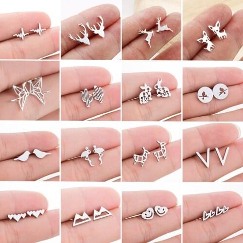 Cartoon Animal Stud Earrings Small Deer Rabbit Bird Dog Antlers Earring for Girls Kid Stainless Steel Birthday Jewelry Women