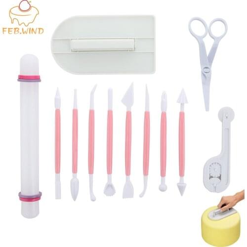 Diy 12Pcs/Set Fondant Tool Kit Include Fondant Smoother/Roller Fondants Modelling Tools Embosser Scissor Cake Carving Tools 0047