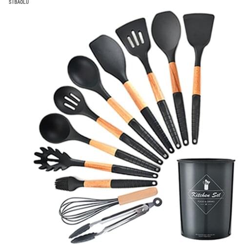 9/10/11/12pcs Cooking Tools Set Silicone+Wooden Handle Kitchen Cooking Utensils Set with Storage Box Turner Spatula Soup Spoon