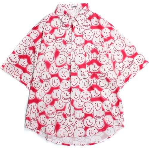 New Summer Mens And Womens Shirts Street Anime Trendy American Vintage Smiling Cartoon Print Short-Sleeved Loose Casual Shirts