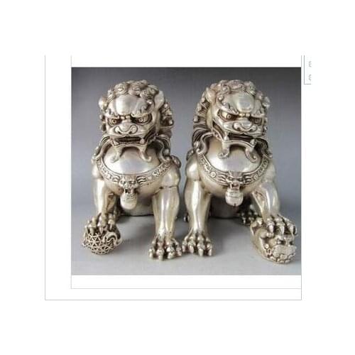 Guardian lion tools 25cm H 9.8" Silver Bronze Fu Foo Dog Guardian Statue Pair Tibetan Silver decoration bronze factory outlets