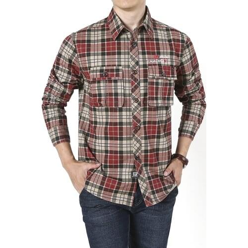 Spring Autumn Plaid Shirt Men Military Casual Long Sleeve Turn Down Collar Cotton Breathable Blusas Camisas Para Hombre M-4XL