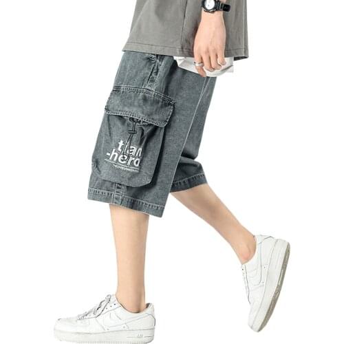 Men Shorts Harajuku Cargo Jeans Short Pants Streetwear Male Pants Grey Casual Denim Shorts For Men