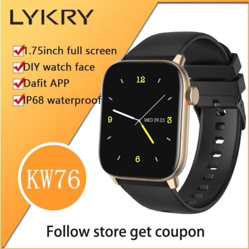 LYKRY KW76 Smart Watch Men Women 1.75inch Full Screen Pedometer Heart Rate Monitor IP68Waterproof DIY Watch Face Fitness Watches