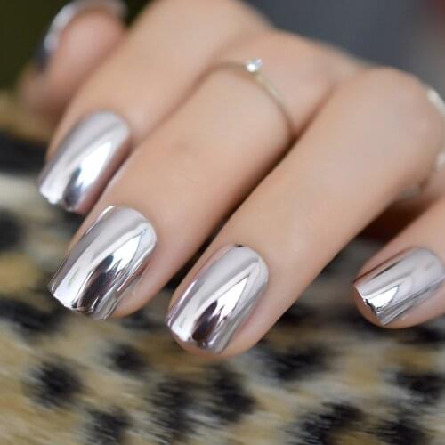 Light Purple Mirror False Nails Quality Sexy Ladies Faux ongle Tips Short Size Square Metal Art DIY Nails