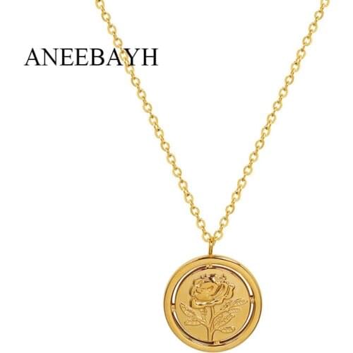 Vintage Gold Round Rose Flower Pendant Necklaces For Women Lovers Gift Stainless Steel 18 K Metal Collar Necklaces Jewelry Gift