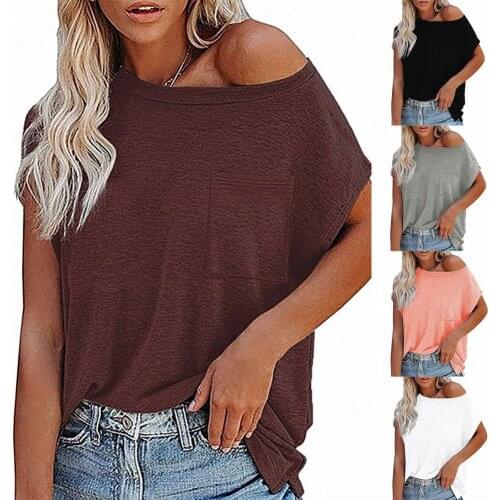T-shirt Short Sleeve Loose Women Solid Color Off Shoulder T-shirt for Summer