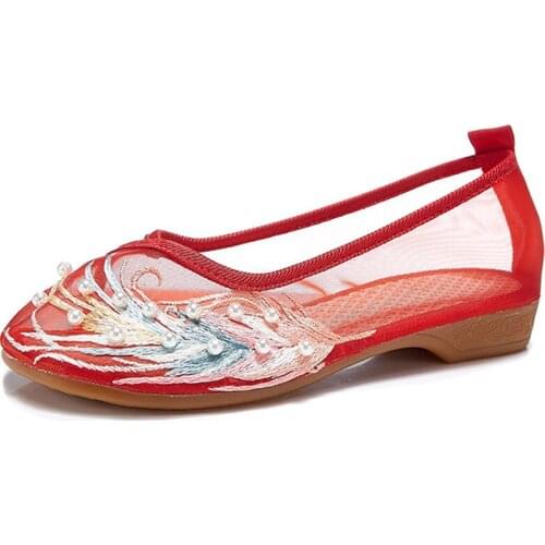 2020 Summer New Women Mesh Shoes Ancient Hanfu Womens Phoneix Pearl Embroidered Shoes Woman Mesh Sandals National Flats