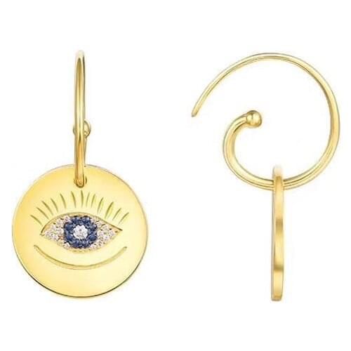 SLJELY S925 Sterling Silver Gold Color Round Coin with Lucky Eye Earrings Micro Cubic Zirconia Stones Women Luxury Brand Jewelry