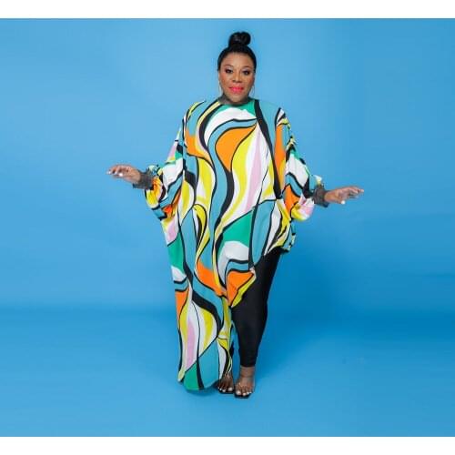 ZJFZML ZZ Women Clothing T-shirts Plus Size Geometric Pattern Long Batwing Sleeve Irregular Dresses New Dropshipping Wholesale