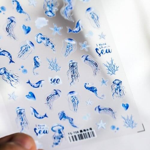 1Sheet 8x10cm Nail Art Sticker Sea Pattern Jellyfish Wave Design Self-Adhesive Nail Sticker Decal Manicure Tips Nail Decoration