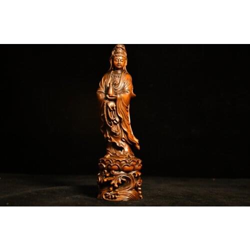 8"China Lucky Old Boxwood Hand-carved Chanting Guanyin Bodhisattva Standing Buddha Office Ornaments Town House