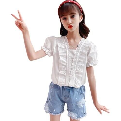 Kids Clothes Lace Blouse + Denim Short Teenage Girls Clothing Pearls Girls Clothing Sets Casual Style Costumes For Children