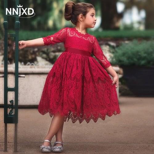 Kids dresses for Girls Spring Clothes Half-sleeve Lace Party Costume Red Children Elegant Prom Frocks 3-8Y Girls Casual Wear