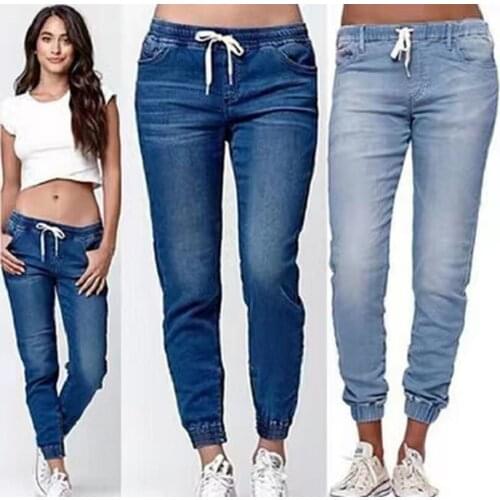 Spring and Autumn New Ladies Jeans Straight Hip-up Mid-waist Trend Casual Lace-up Washed Feet Lantern Womens Thin Pants WS38