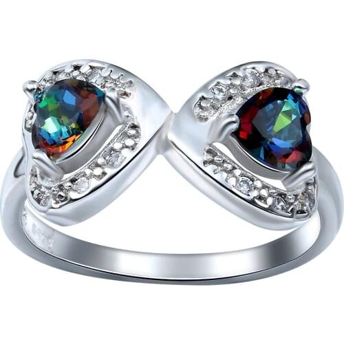 Hainon Fashion Bowknot Rainbow Colorful Zircon Double Heart Silver Color Ring Classic Vintage Fashion Rings Jewelry Gift