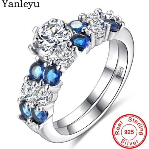Yanleyu Luxury 2pcs Wedding Ring Sets for Women Pure 925 Sterling Silver Engagement Ring Blue Clear Zircon CZ Jewelry Gift PR008