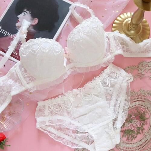 Ethika Women Set 2 Piece Fox Gathered Bra Underwear Women Set Sweet Cute Push Up Bra and Panty Lingerie Femme White Embroidery