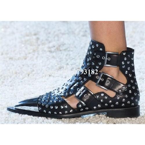 Western Style Pointed Toe Cut-out Rivet Flat Short Boots Cut-out Studded Metal Buckles Ankle Booties Flat Motorcycle Shoes