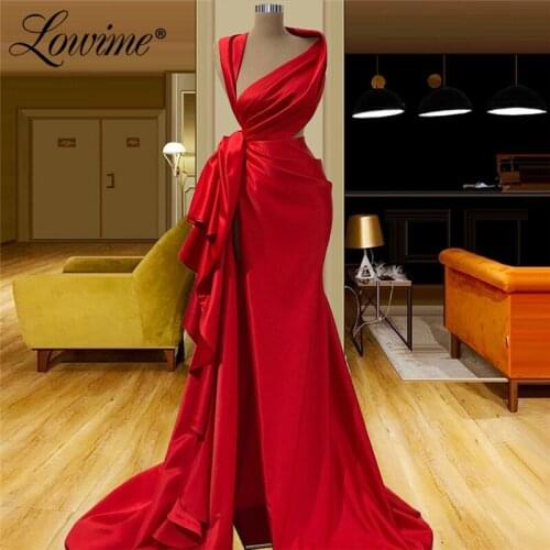 Red Prom Dresses Long Celebrity Dress 2021 High Split Side Satin Evening Gowns Mermaid Saudi Arabia Party Gowns For Weddings