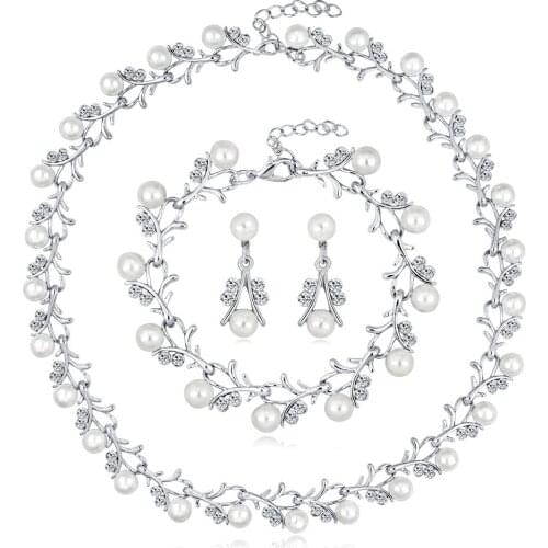 MIQIAO Gold Plated Luxury Full Pearl Crystal Piercing Earring Drop Bangle Bracelet Collar Necklace Jewelry Set for Women Wedding