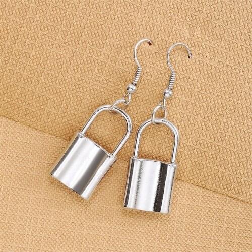 Fashion Punk Silver Color Lock Shape Earrings Creative Hip Hop Metal Pendant Earrings Accessories Womens Party Jewelry