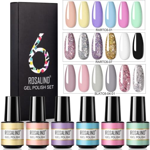 ROSALIND 6PCS Nail Gel kit Nail Polish Set Glitter vernis Semi Permanent Base Top Coat Profession UV LED Nail Art Gel Polish Set
