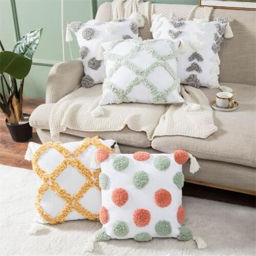 Green Dot Embroidery Cushion Cover Tassels Home Decor Pillow Cover 45x45cm/30x50cm Geometric Sofa PillowCase Pillow Sham