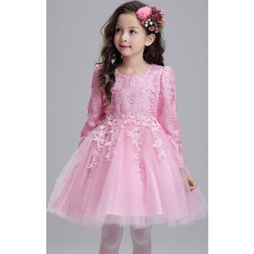 2020 New Autumn Long Sleeves Wedding Flower Party Girl Dress Kids Baby Elegant Birthday Christmas Clothes Children Pink Dress
