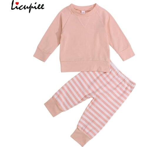 Solid Baby Boy Outfit Babys Casual T-shirt and Trousers Set Fashion Solid Color Long Sleeve Tops and Stripe Long Pants