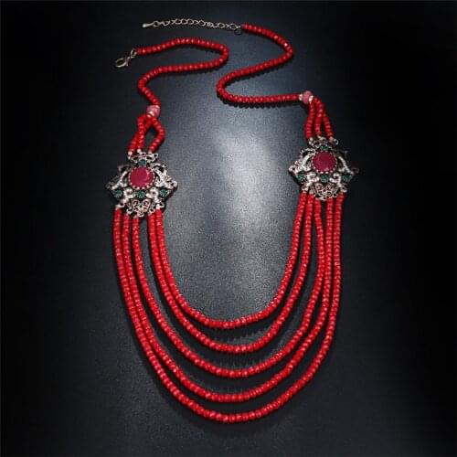 Luxury Natural Stone Red Resin Crystal Beads Strand Tassel Necklace For Women Antique Gold Unique Vintage Ethnic Wedding Jewelry