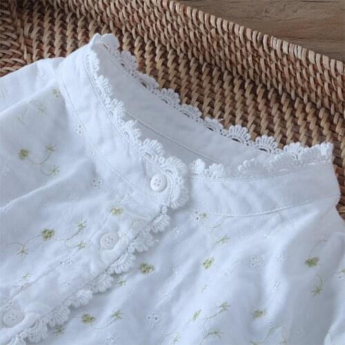 Lamtrip Golden Thread Embroidery Stand Collar Cotton Yarn Long Sleeve Shirt Women Mori Girl Blouse
