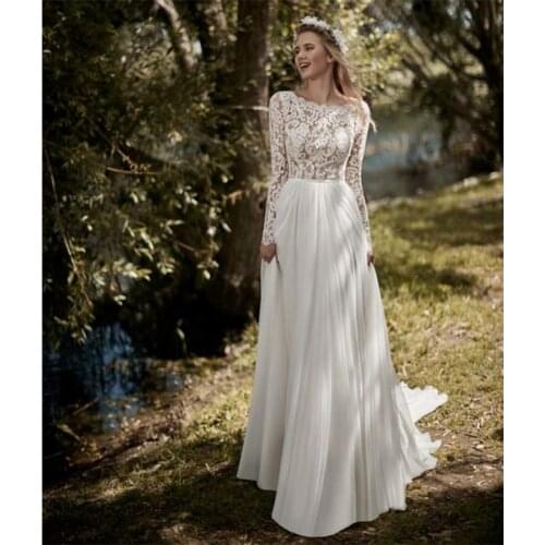 Sexy Backless Boho Wedding Dresses 2021 Robe de Mariee Vintage Lace Top New Bridal Dress Long Sleeves Chiffon Beach Wedding Gown