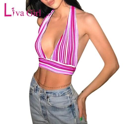 LIVA GIRL Sexy Striped Woolen Deep V Halter Top Female 2021 Leeveless Backless Strap Bandge Vest Summer Clothes for Women s-xl