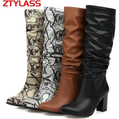 Autumn Winter New Knee High Boots Women Fashion Zipper Pleated Pointed Toe Long Boots Snake Print Thick High Heel Shoes Woman