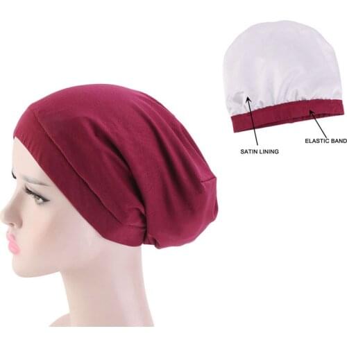 2020 Trendy Women Stretch Beanie Hat Satin Lining Chemo Cap Muslim Headwear Cotton Turbante Hijab Bonnet Ladies Hair Accessories