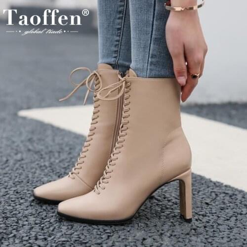Taoffen 2022 Women High Heel Boots New Lace Up Ankle Boots Fashion Cool Winter Shoes Women Party Footwear Size 35-43