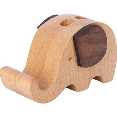 Vintage Wooden Elephant Shape Pen Storage Pot Pencil Holder with Cell Phone Stand Desk Organizer Decoration Office Stationery