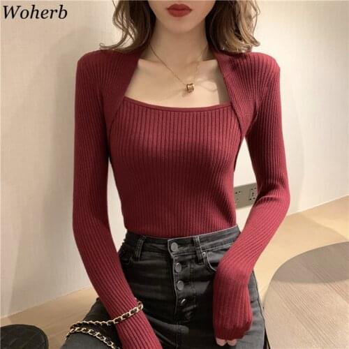 Woherb Square Collar Basic Sweater Women Solid 7 Colors Korean Vintage Slim Autumn Women Pullovers Chic Fashion Sueter Mujer