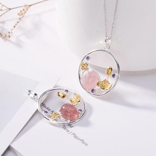 925 sterling silver natural strawberry quartz pink crystal temperament clavicle chain pendant charms