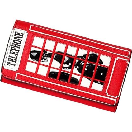 Women Bags Leather Patchwork Embroidery Wallets Girl Clutch Purse Female Billfold Braccialini Style Cartoon Red Telephone Booth