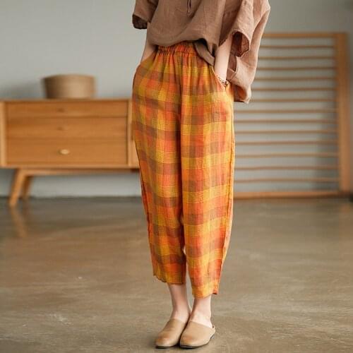 Johnature Women Vintage Plaid Harem Pants Elastic Waist Linen Trouser 2021 Summer New Pockets Female Clothes Loose Casual Pants